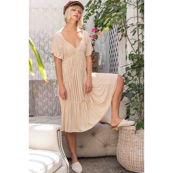 LAST ONE POL Shirred Knit Gathered Midi Dress Short Sleeve Loose Fit - Picture 11 of 12